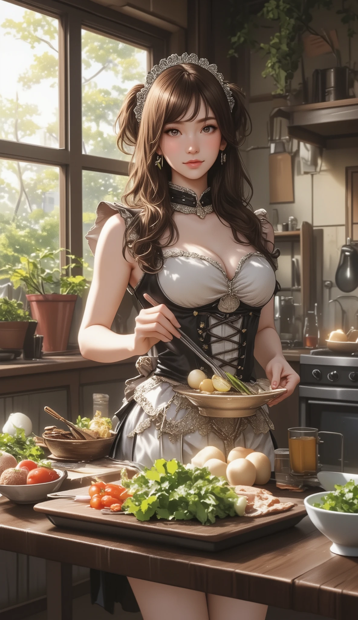 medieval setting, medieval kitchen, chubby woman cooking, apron, smile, high angle, big breasts, cleavage, braided brown hair, soup