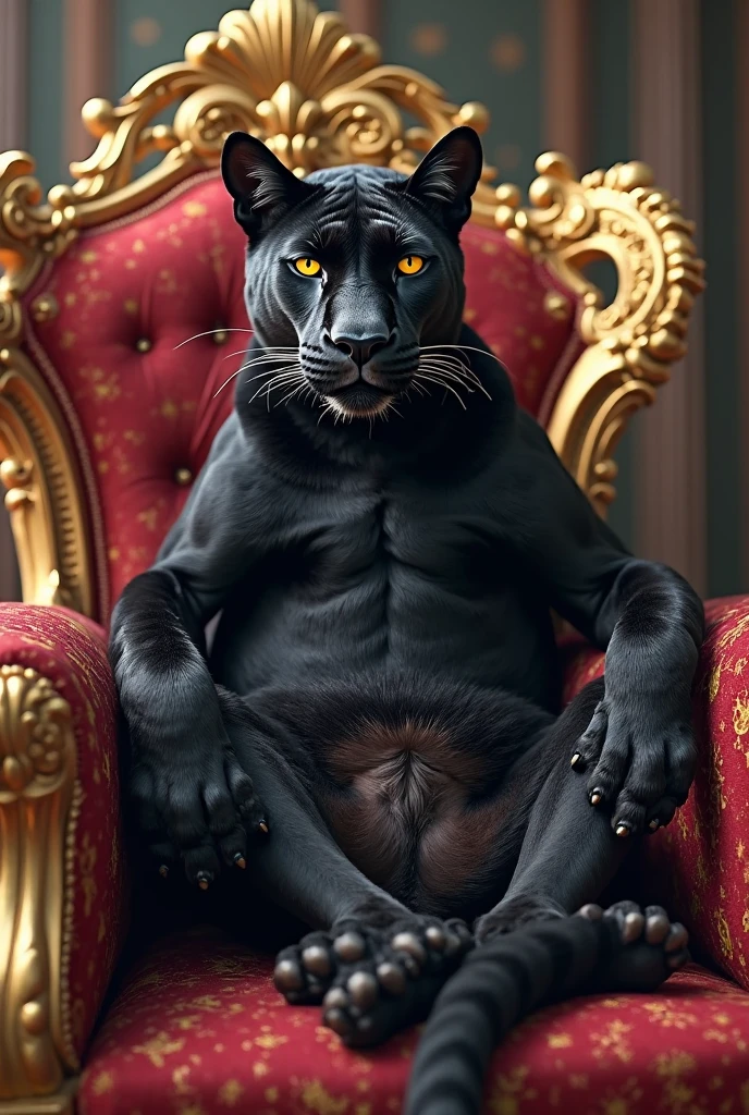 (male, anthropomorphic,smiling, muscled)[black panther],[sits on the sofa],[sweaty, perspiring],[feet, paw, foot],[raised high up and forwards],[focus on],[big, sweaty, paw pads],[paws][, soles],[claws],[sweat],[masculinity vibes],[medium: photorealistic],[detailed fur],[sharp focus],[vivid colors],[realistic lighting],[warm color tone],[intense gaze],[relaxed expression],[modern leather sofa],[agility],[elegance],[strength],[wilderness]