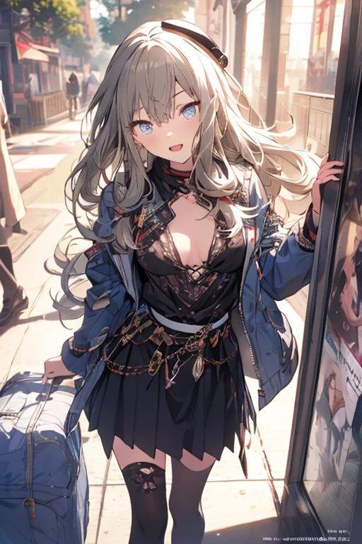 ((Biologically correct limb count))、(( Full-body photo including face))、4K、((Standing position))、masterpiece、((Focus on the face))、((Symmetrical facial features))、Eye for detailed depiction、Beautiful blue-haired woman、Excellent style、Beautiful clavicle、Beautiful feet、Beautiful Hands、Slender body、(stockings、garter belt、High heels)、Facial detailing、Small earrings、necklace、(rubber jacket、Rubber Skirt)、Lighting High Heels、tie、sunny、(((White framed photo)))、Fascinating、Night street、(Low - Angle、A camera angle that captures the inside of a skirt from below)、gloves、(((blue, red and silver hair)))