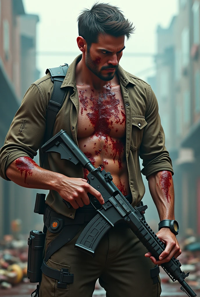 Soldier wounded ,war background, without shirt muscular back side , heavily wounded on back
