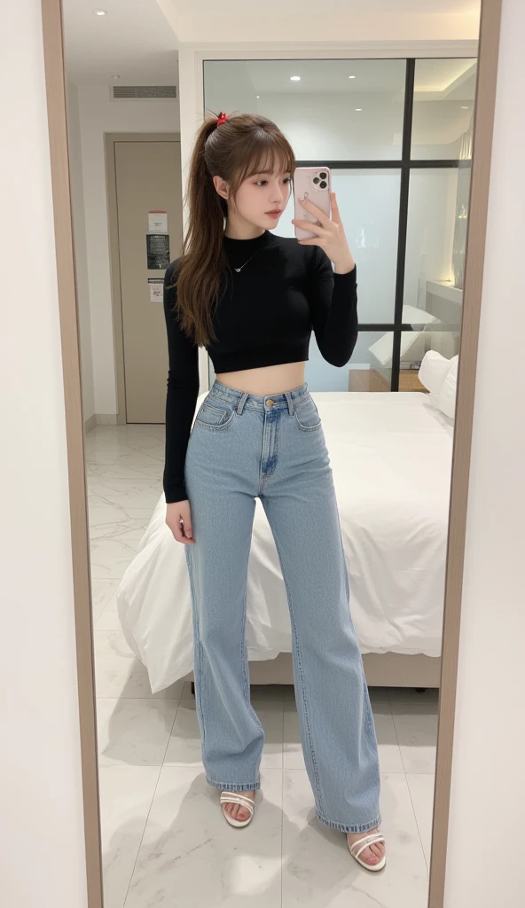 araffed woman taking a selfie in a mirror in a room, cropped shirt with jacket, Jeans, Casual clothes, jeans pants, baggy jeans, Casual clothing, Micro flared jeans( ( ( Wearing jeans ) ) ), y 2 k style, Y2K style, cropped wide sleeve, wearing a fisher 🧥, denim pant,