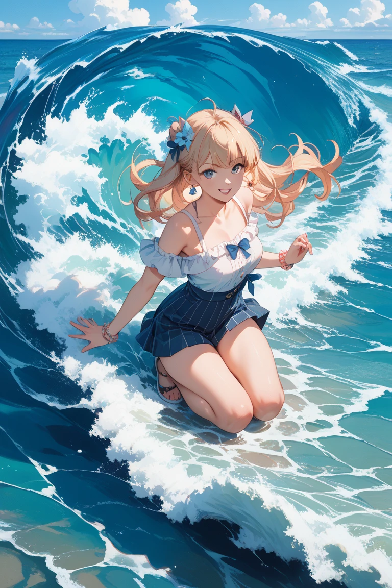 ((Best Quality)), (ultra-detailliert), ((Extremely detailed)), (Beautiful), ((Kawaii Girl)),(two side up hair)、((masutepiece)),Platinum Blonde Hair,Long hair, hair between eye, Wavy Hair, Long sideburns,Jade-colored eyes, White skin,Normal Chest,Slender body,side-tie bikini bottom、Sandals,Sitting,in beach,Look Camera,One Woman,Anime