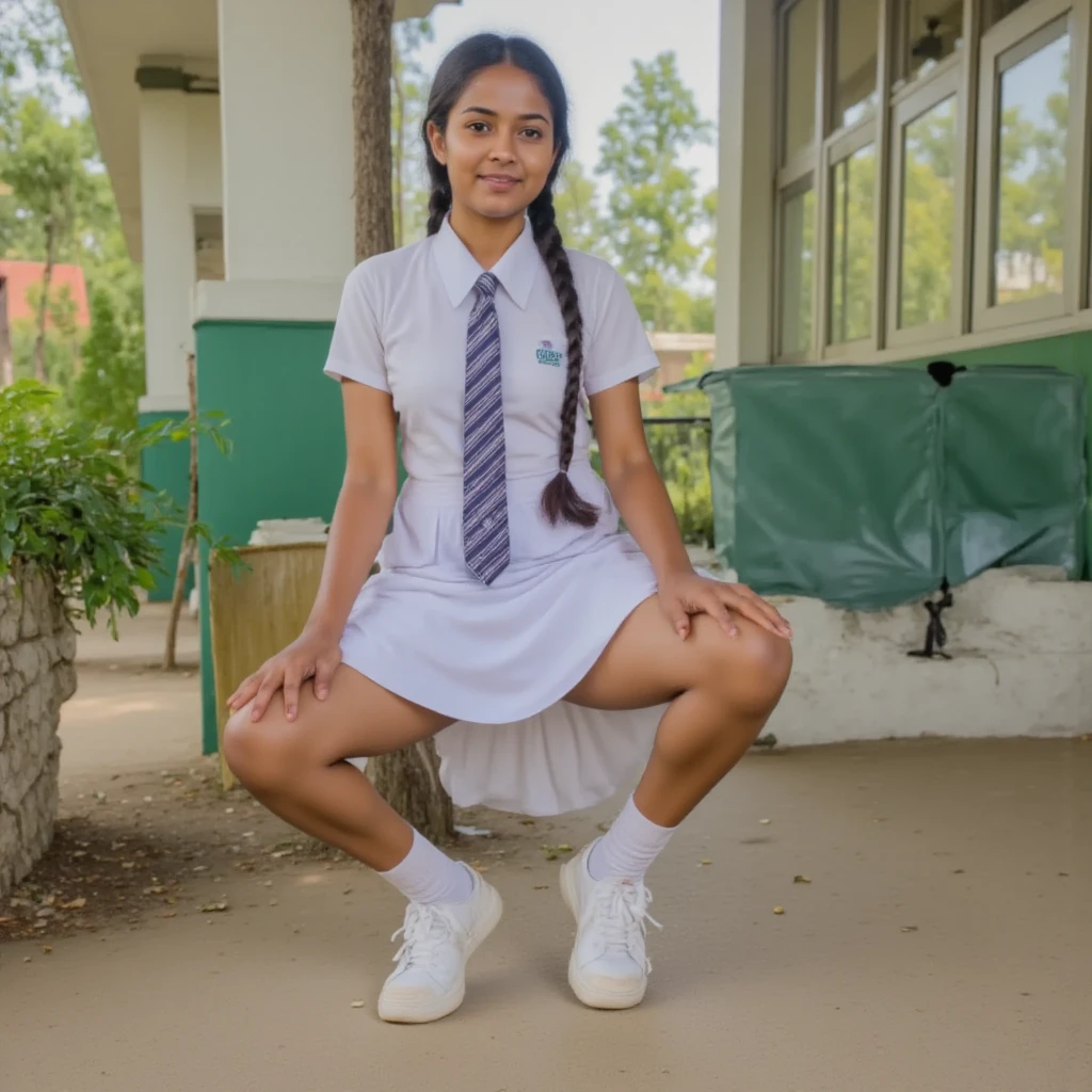 The body is facing the direction of the camera. beautiful girl, Sri Lankan school girl, whole body slender, Reality, Highly detailed CG unified 8k wallpaper, High definition raw color photo, professional photos, realistic portrait, beautiful detailed girl, (beautiful large breasts:), (Crouching:1.5), ( realistic barefoot:1.5) , school girl, (best quality:1.4), super detail, high quality, muster piece, (Photo seen from below:1.2)、、smile、put your hands on your knees、Super high quality、panty focus、Squat down with your heels on the ground、tanned dark skin, Sri Lankan girl, oily dirty skin, 20 years old, wearing a white frock and a colored tie. She has plaits, black braided long black hair, tanned color, natural skin, Sri Lankan girl