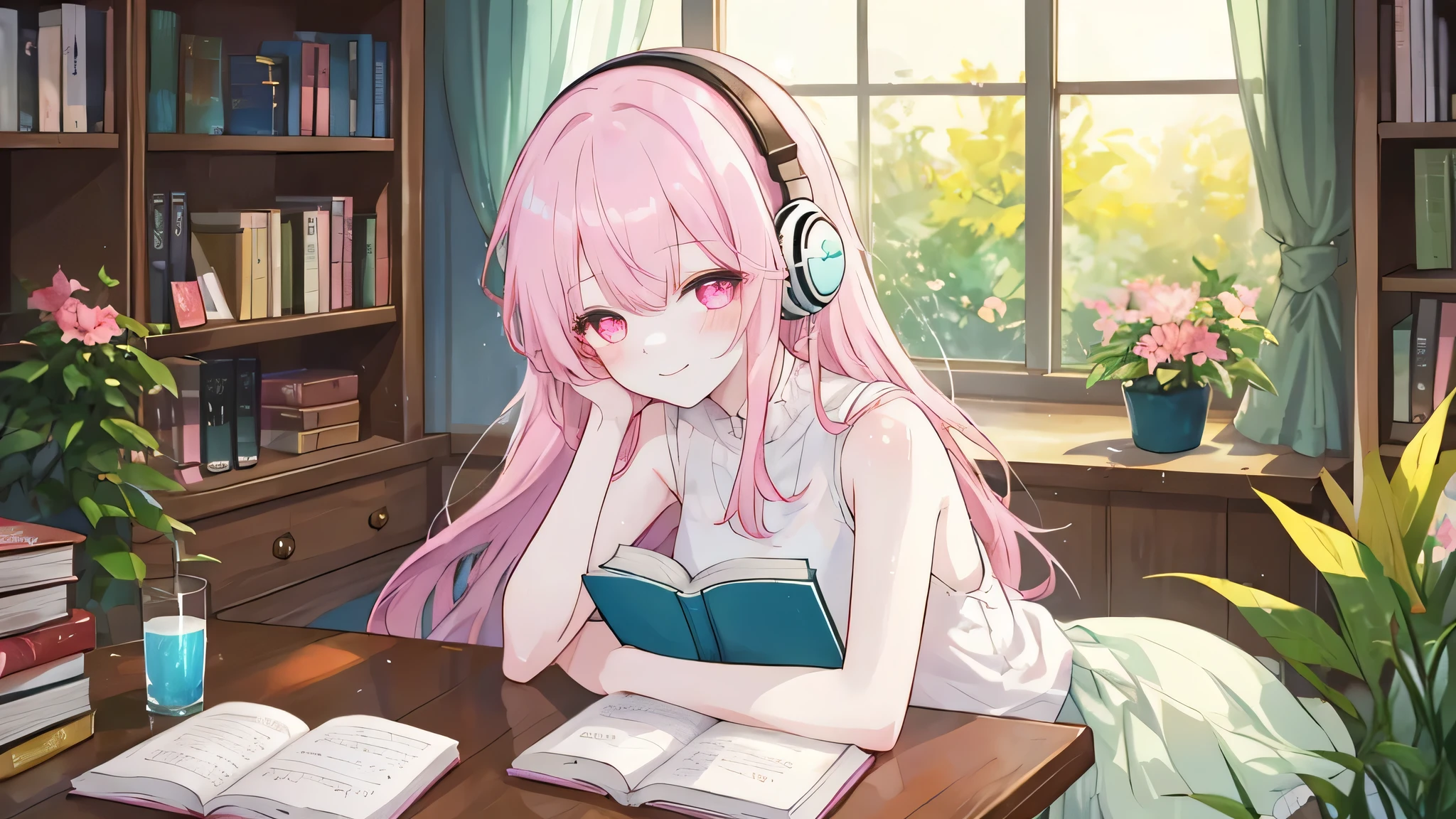 "An anime-style illustration of a cute girl with long, soft pink hair and vibrant pink eyes, smiling warmly. She is wearing a light yellow sleeveless top with delicate floral patterns. She sits comfortably in a cozy room, resting her head slightly on her hand with a gentle and relaxed expression. Her large, stylish white headphones with a cute design rest on her ears. She is sitting on a soft pillow, surrounded by a warm atmosphere with bookshelves filled with books, a small plant by the window, and sunlight filtering in. On the table in front of her, there is an open laptop, a book, and a glass of lemonade. The art style should be soft, pastel-toned, and highly detailed, evoking a cozy and calming lofi music aesthetic.