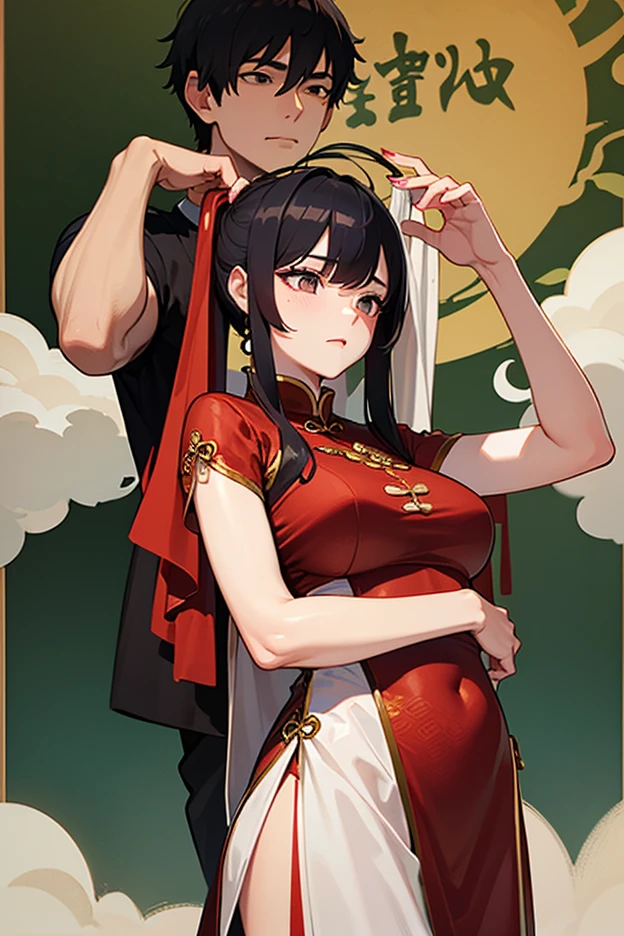 Period drama manga style A 15-year-old super beautiful Chinese girl with black hair in a bun cut(1 person) She is wearing a royal red long-sleeved Chinese dress with embroidered family crest. In a dimly lit bedroom Floral Futon She is forced to spend the night with the perverted old emperor and cries in fear. She exposes her nipples and starts having sex with a penis inserted into her pussy in a cowgirl position. She loses her virginity and becomes pregnant She was creampied with cum from a high-speed piston