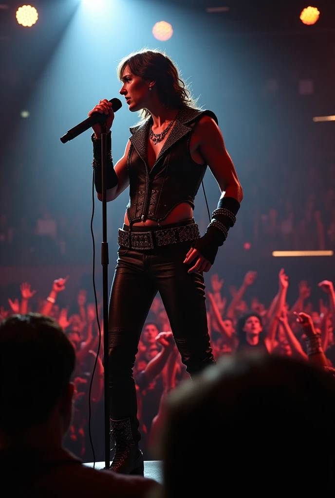 a RAW photograph of (T34L30N1 woman:1.1) as female (bass player:1.3) in a speed metal band,on stage at concert,playing a solo riff on a (blaze red bass guitar:1.4),close up,(looking at viewer),dramatic action pose,wearing black leather pants and (red tank-top:1.4),high boots,beautiful face,long darke hair,singing into microphone,no bra,cleavage,fishnet,leather straps,holding guitar,with speaker tower and concert lighting in background,<lora:zoom_slider_v1:0>,<lora:add_detail:1>,<lora:T34L30N1_09B-000003:1.0>,