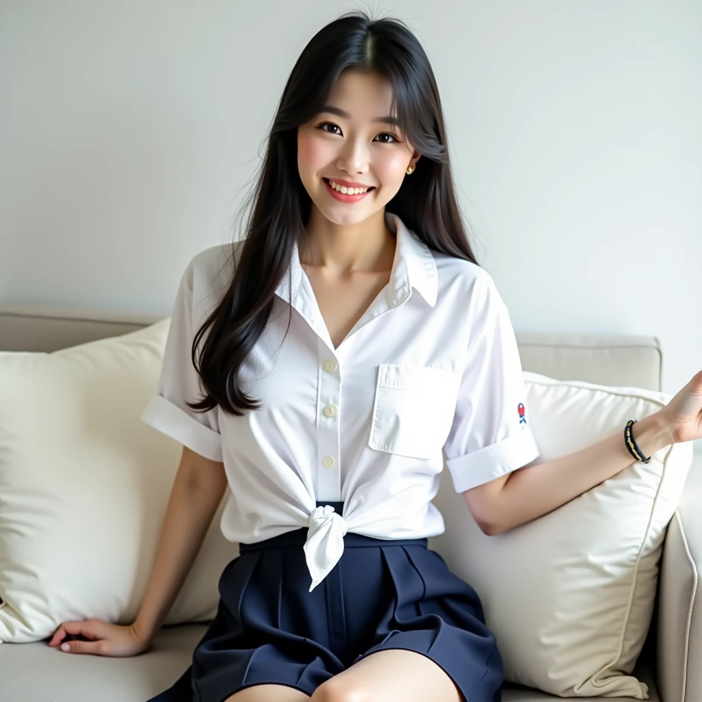 (best qualtiy,8K,tmasterpiece:1.3),(sharp fokus:1.2),Jet-black hair,ssmile,(A girl sits on a sofa:1.2),(denim short:1.2),(perfect body figure:1.4),(white shirt:1.2),office room,rays of sunshine,Fine face,beautidful eyes,Straight legs