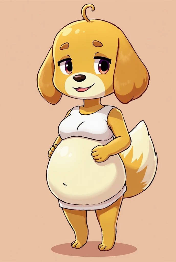 isabelle \(animal crossing\), furry, ((nude)), ((full belly)), tail, looking at viewer, serious, standing, outside, plaza, holding clipboard, trees, blue sky, high quality, masterpiece, 