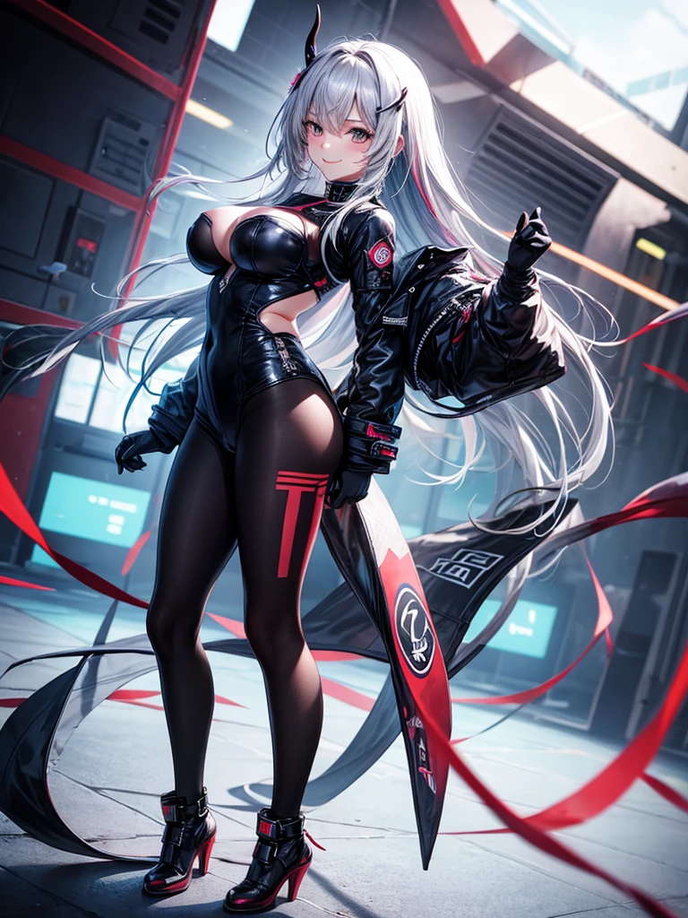(((Hold a giant sword in both hands))), ((formal cropped jacket)), (Cyberpunk style), ((futuristic sexy bodysuit)), Mechanical Long Boots,, (skirt), (pantyhose), ((Shiny Costumes)), skindentation, skinny, solo, 1 woman, Masterpiece, highest quality, highest quality, 16K, incredibly absurd, highly detailed, 2.5D, ai-generated, delicate and dynamic, very delicate facial expressions, delicate eye depiction, erotic, only sexy woman, ((A cute and kind face)), healthy figure, ((25-year-old woman)), 160cm tall, medium firm swaying bust,　Sweat,Embarrassed,sexy, ((thin thighs)), (camel toe:0.7), , (Erect nipples,:0.7), shiny and lustrous, facing straight at viewer, (((in heat))), ((Oily_skin)), ((Lots of sweat)), ((dutch angle)), ((erotic pose)), (((Very dynamic pose))), A ruined cityscape of the future, ((Riding on a giant weapon)), In the sandstorm,