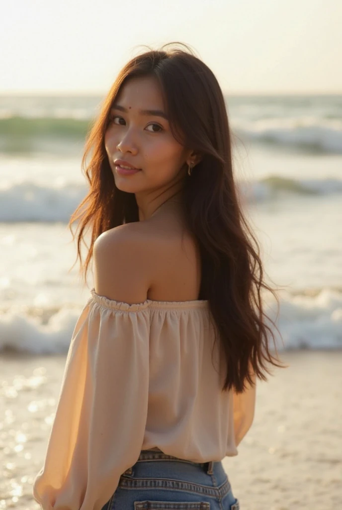 an image of indonesian large breasts woman with a long hair in the sunset beach, wear an oversized sweater and beautifull necklace, upper body, (Best quality, 32k, Masterpiece, UHD:1.2),