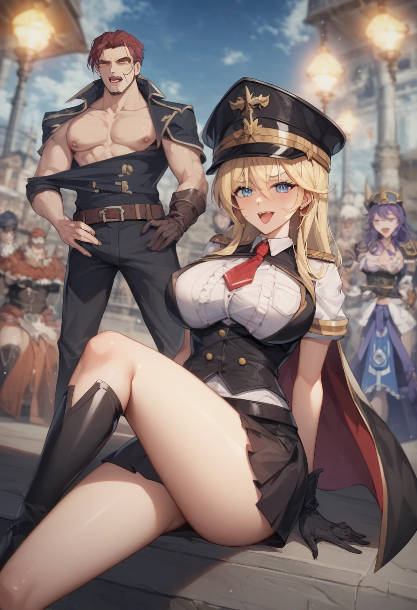 A 37-year-old, an 18-year-old and a female knight are hung side by side.、Nipples、Orgy with enemy soldiers、Tied up with legs spread、The woman glares、Town Square、crowd、Torn knight's uniform、Dildo、Enlarged female genitalia