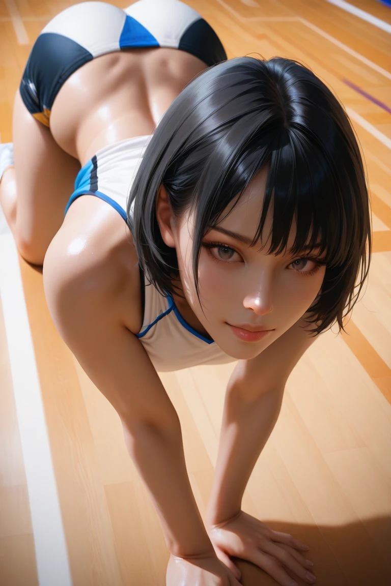 you are a professional designer。The output conditions are｛One girl｝｛The atmosphere is boyish｝｛The face is beautiful｝｛The outfit is a slim swimsuit｝｛The expression looks embarrassed｝｛The composition is with the head in the upper left and the left leg stretched out in the lower left.｝｛The background is bleak｝Please keep this in mind and make your work the best it can be.。