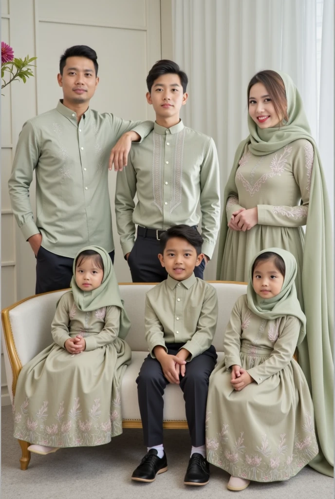 Foto studio keluarga asli Indonesia di latar tembok polos warna abu-abu dengan pencahayaan softbox, diambil dengan kamera DSLR.ayah berusia 40 tahun badan kurus, memakai jas warna murstad dengan tekstur halus , Wanita berhijab berusia 37 tahun, memakai gaun murstad dengan aksen payet indah elegan, pria usia 17 tahun memakai baju senada dengan ayah,anak laki-laki usia 9 tahun ,Mereka  bahagia sambil berdiri berdampingan. Ada vas bunga di meja samping sebagai properti.