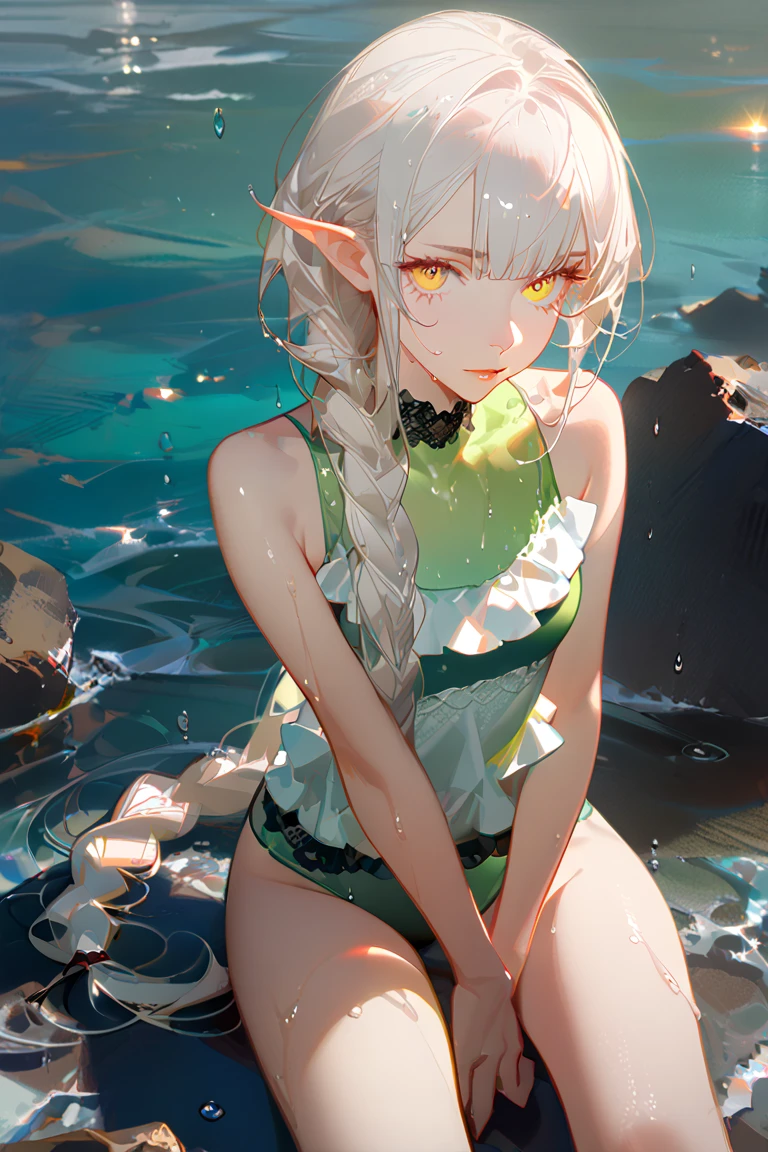 A peacefully flowing river, glistening in the warm sunlight as it meanders through a tranquil forest. The water, crystal clear and shimmering with a golden hue, reflects the surrounding lush greenery ((best quality)), ((masterpiece)), (detailed), 1girl, 1 boy, off-shoulder sweater