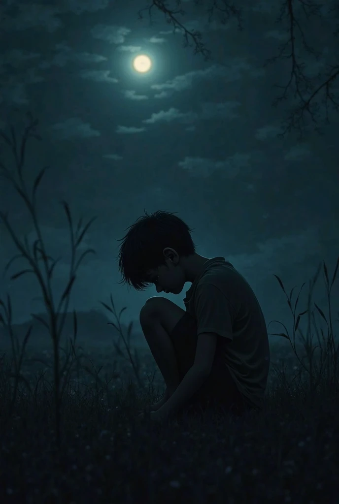 A boy was very sad and he was sit on a fild and the sky was dark blue