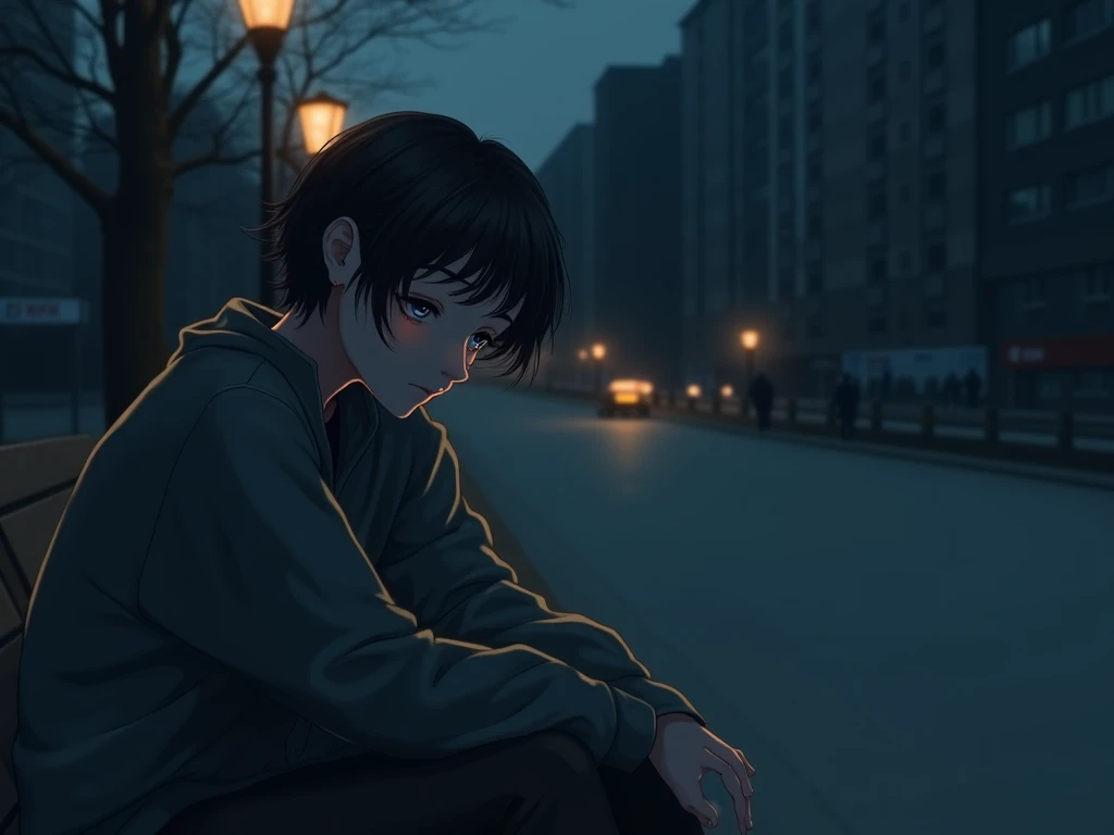 Manga where a boy of 18 year of Tokyo city sitting in bench taking support of wall and coffing blood and his solder is brutally damaged and the place is little bit dark the wound is seeing properly he is wearing causal clothes 