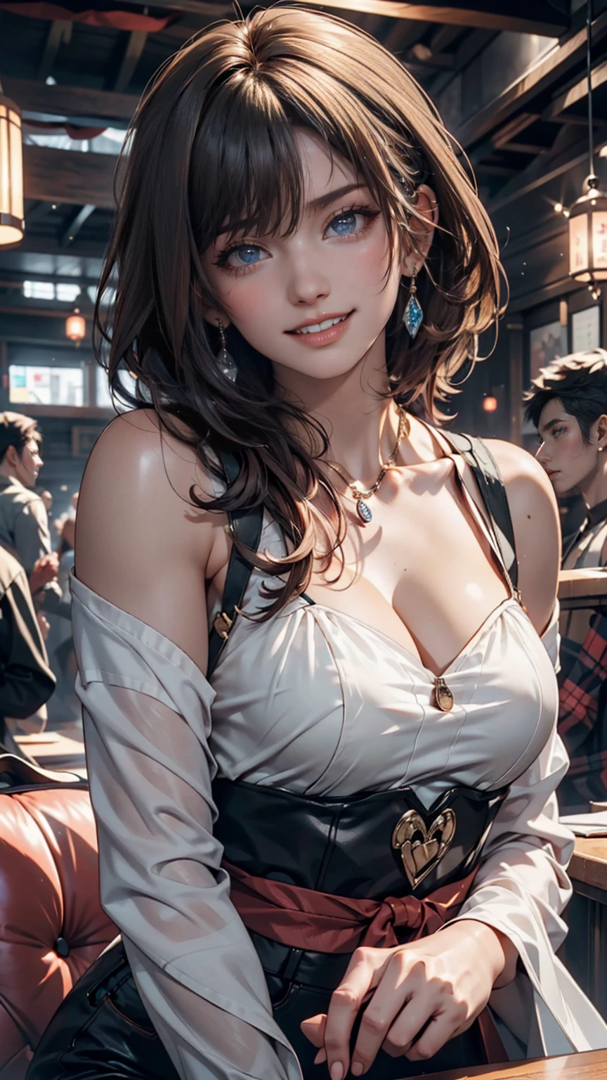 Dining in a high-rise building Restaurant Night view Neon Cyberpunk Big city、A dress that exposes the décolletage、Long gloves with lace、Lace choker、Hold the knife and fork、Meat dishes、Updo hairstyle、eye shadow、lipstick、smile