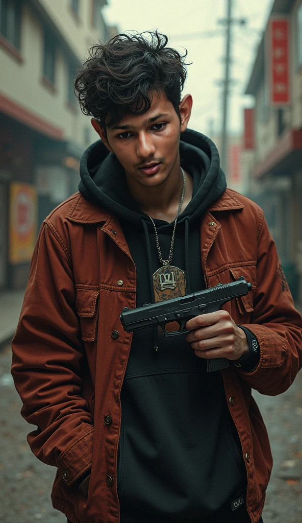 A boy with sunglasses and wearing a black leather jacket holding a gun in both hand