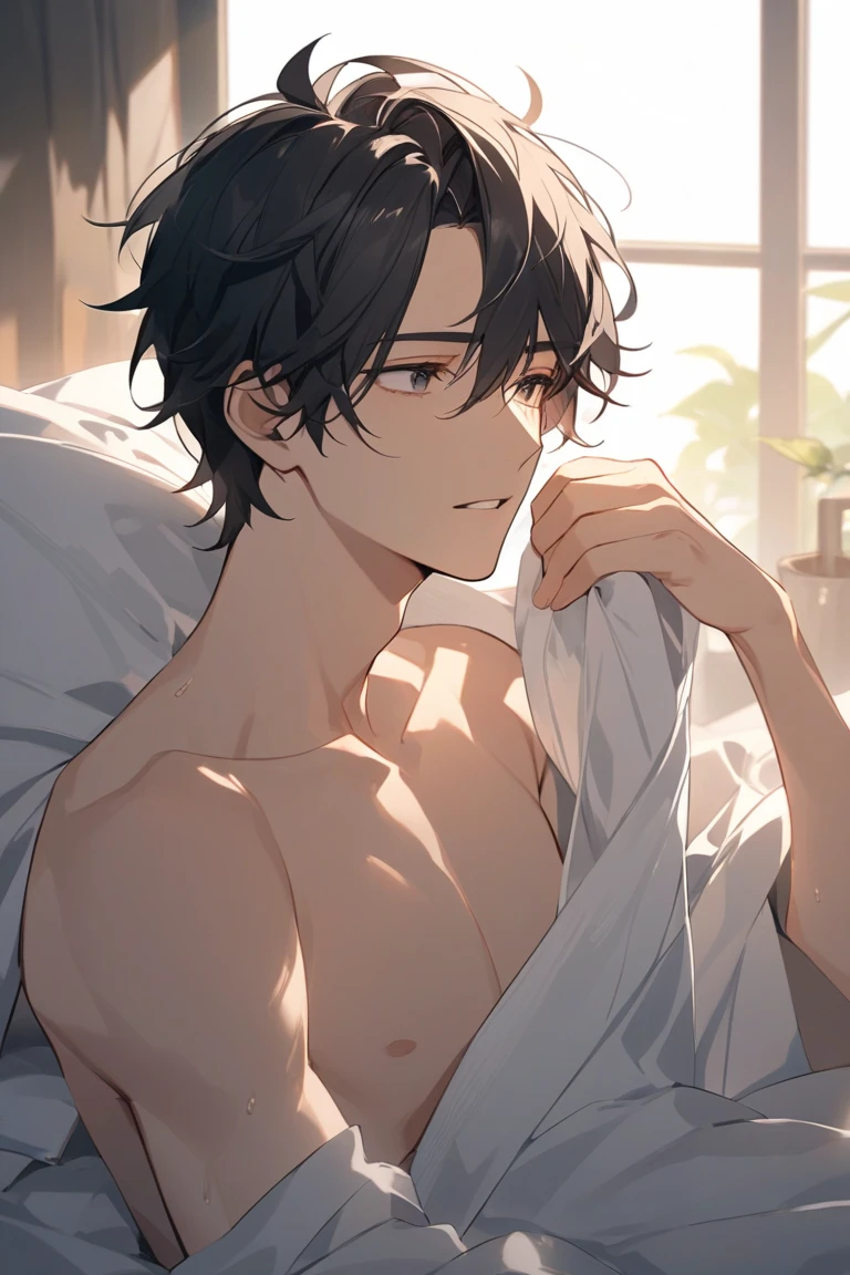 masterpiece, best quality, ultra detailed, (solo man), (male focus), ((Oblong face)), ((Square jawline)), black hair, ((hairs between eyes)), ((shoulder length)), ((narrow blue eye)), fair skin, skinny body, beauty mark, snfw, {uniform, outfit, clothes}, white evening dress, on bed, wet skin, (completely nude:1.2), (Giving an insincere smile:0.7), (anal), sexy pose, cum