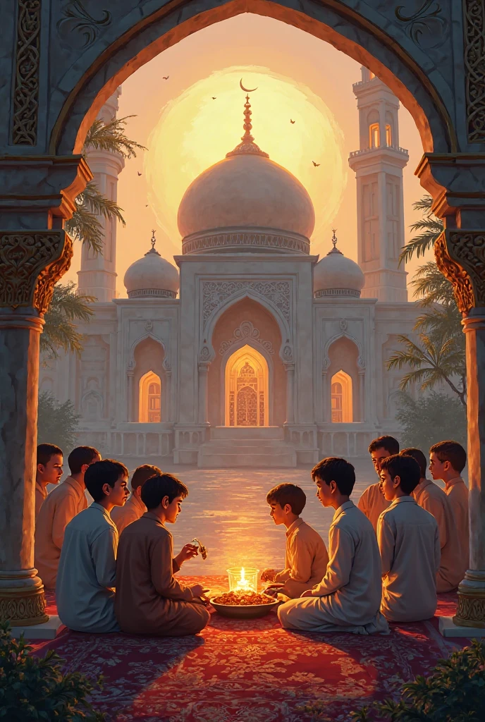 A quiet evening at sunset, with a red horizon on the horizon. Some Islamic children boys are sitting in front of a small café in the middle of the beautiful, wonderful city, by the trees.
