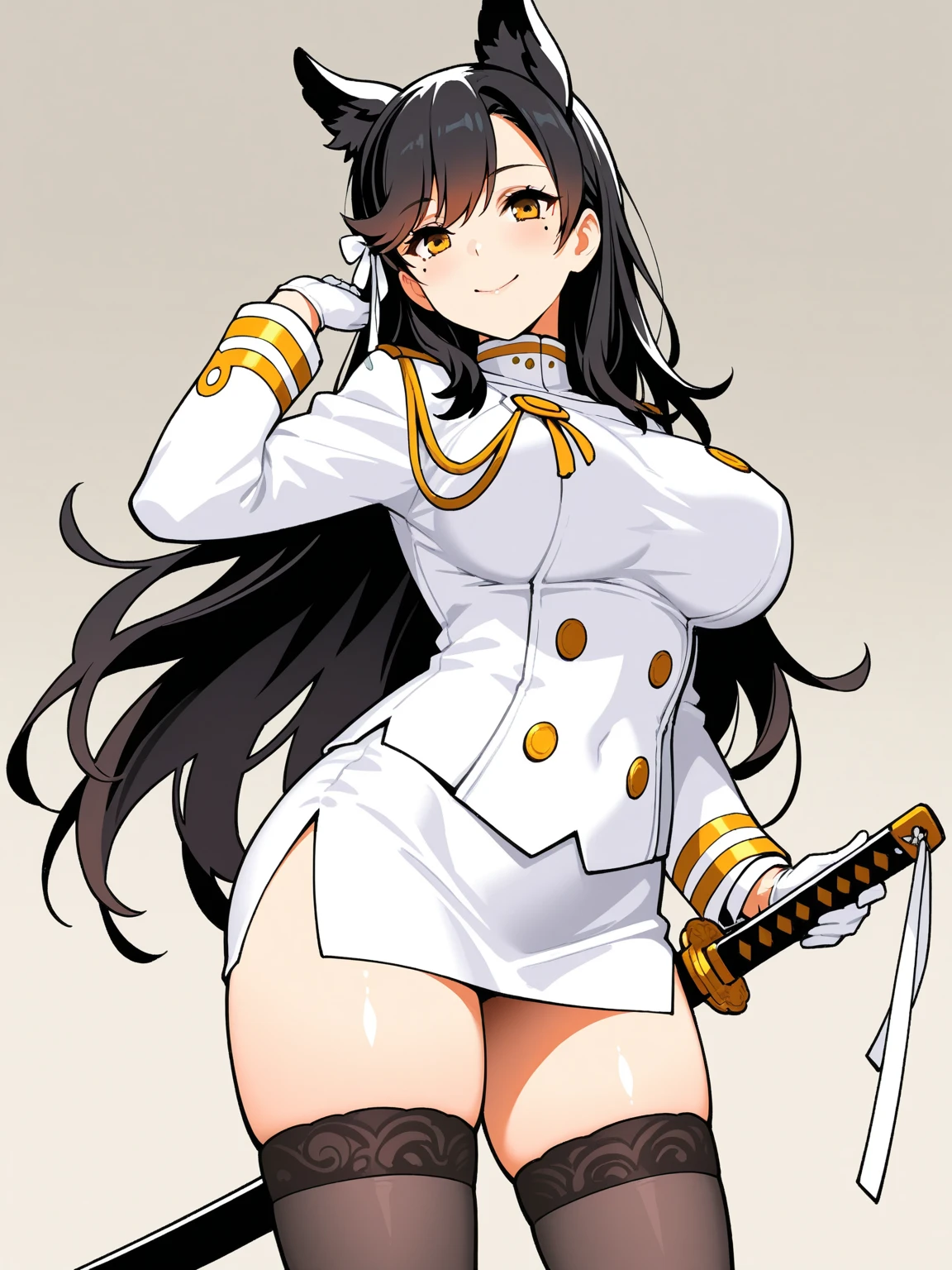 1female,extremely large bosom,girl soldier,White sailor suit,The kinky is exposed,Raised sexy,,Flushed complexion,standing on your feet,nakeness,chest baring,Exposed genitals,with no underpants,Protruding genitals,Camel toes,8K,legs are open,Long flowing black hair,The hair was long,