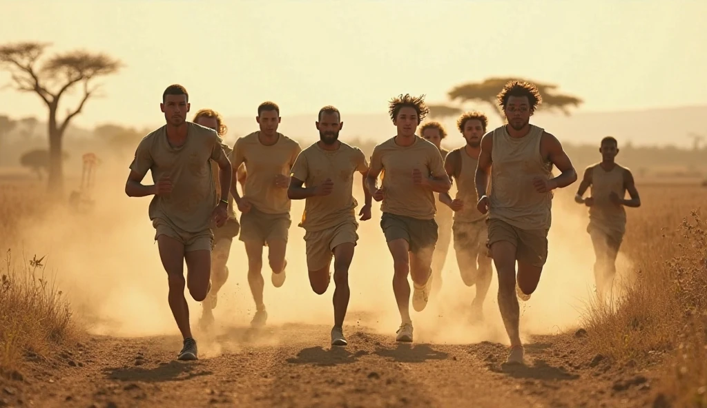 4 white men chained at the waist running (chains pass between men's waists, men behind with gray clothes, 1 man forward highlighted detailed, with jersey, simple torn clothes and bare feet,
