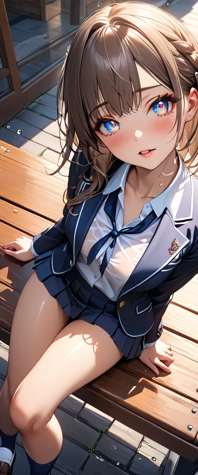 Big breasts, legs spread, solo, pink eyes, brown hair, school uniform