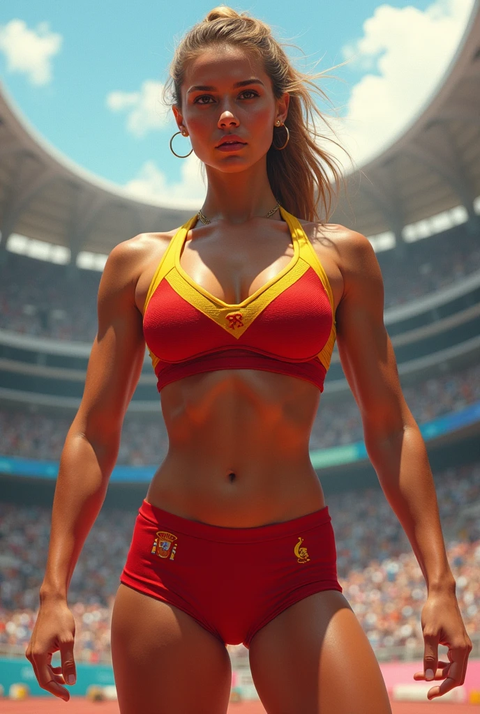 (track and field, stadium:1.2), (rim lighting), (detailed face:1.1), 1girl, solo, smile, captain mizuki, one-punch man, highres, muscular female, breasts, orange hair, sports bra, upper body, high ponytail, long hair, medal, sweat, steam, steaming body, murata yuusuke, large breasts, thick thighs, curvy hips, muscular body