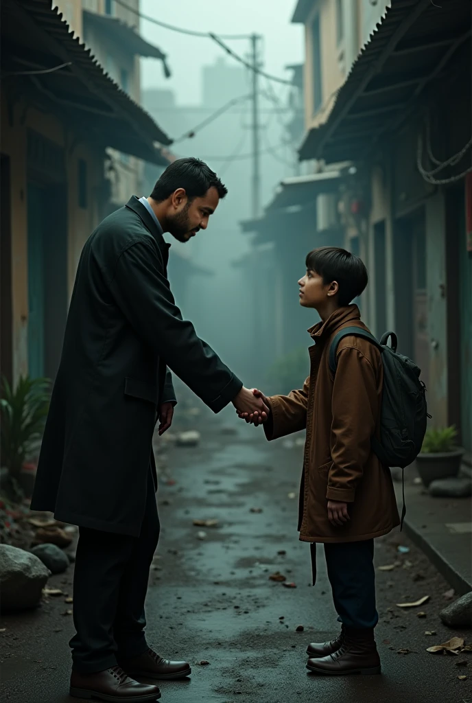 A poor young boy is given some change by a handsome poor young man.