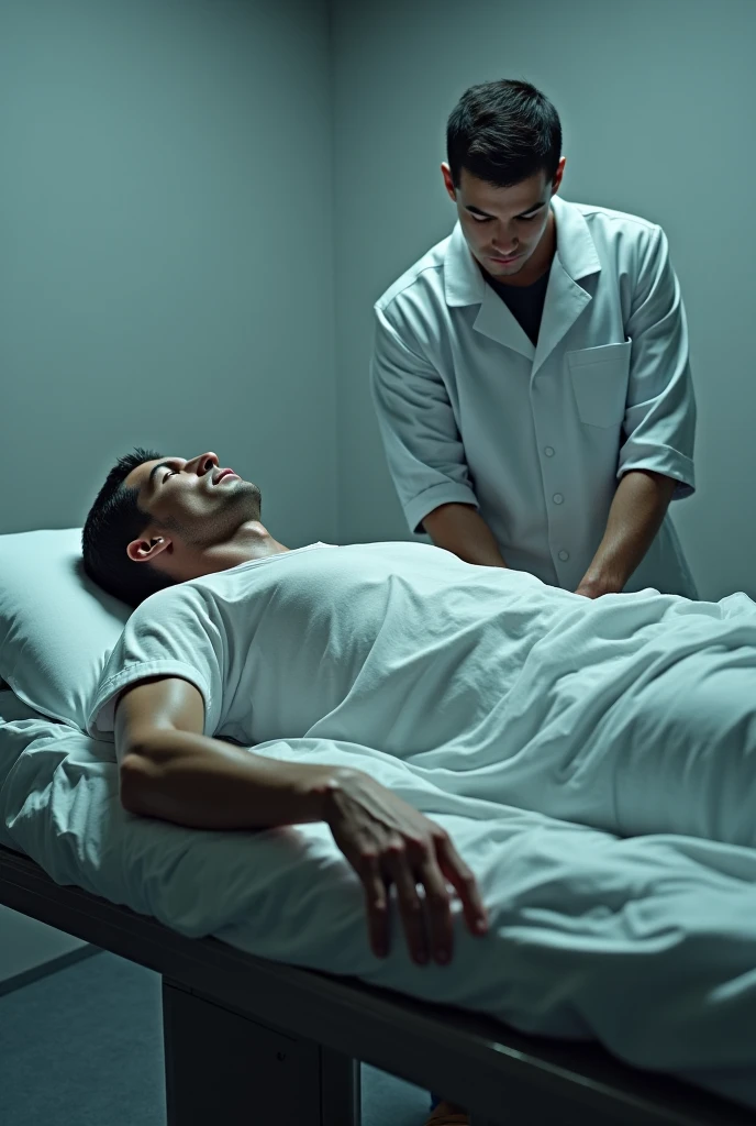 Galeno, a male physician, with a serious demeanor, dressed in a tunic, in a medical chamber filled with patients, struggling against the limitations of dissection, depicting a tense moment, medium shot, hyper-realistic, photo realistic, cinematography ar—9:16.