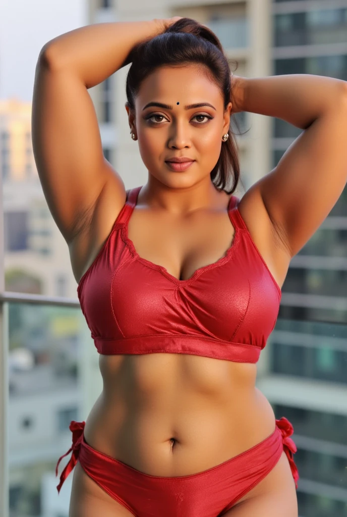 Huge big muscular indian woman flexing her bicep in saree.
