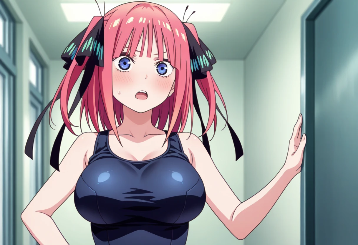 1girl, masterpiece, solo, high quality, huge breast, bright breasts, looking into camera, safe, shining , blush face, cleavage, standing, cleavage, wanostyle, nino nakano, short hair, bangs, blue eyes, hair ornament, hair ribbon, pink hair, blunt bangs, two side up, butterfly hair ornament, wear pink lace bra, cleavage, smile, happy,