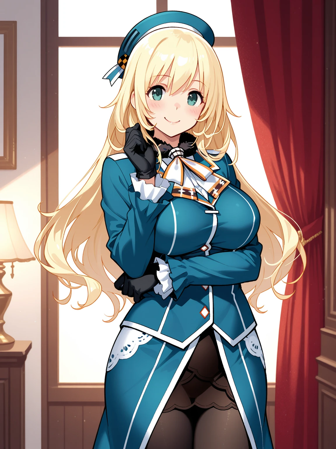 (masterpiece, best quality:1.4), (ultra-detailed:1.2), {illustration,picturesque}, {studio light, picturesque}, [best shadow],
(KonishiCSA)_(ShizumaCSA), (AlphaCDE:1.3)_(GammaCDE:1.15),
BREAK
(perfect anatomy), (symmetric eyes, ultra-detailed eyes, beautiful eyes), (sharp eyeliner, ultra-detailed face, beautiful face), (blue|green) eyes
BREAK
nice hands, perfect hands, hand by Guido Daniele,
BREAK
1girl, solo,
BREAK
AtagoKC, (Atago) uniform, (military) uniform, (blue) beret,(black) gloves, (black) pantyhose, (blue) high heels, (blue) skirt, (black) inner skirt,
BREAK
looking at viewer, (upper body shot:1.2), facing to viewer, smile, (indoor, office, living room), sitting, table, chair,
BREAK
