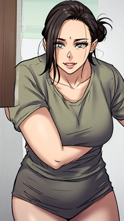 , short brown hair in two buns, ojos grises, sonrisa, vestido chino ajustado gris, patrones de oro, sin mangas, bermudas, pantimedias, pechos grandes, control de la aguja, obra maestra, alta calidad, 4k, High Definition, Buen detalle