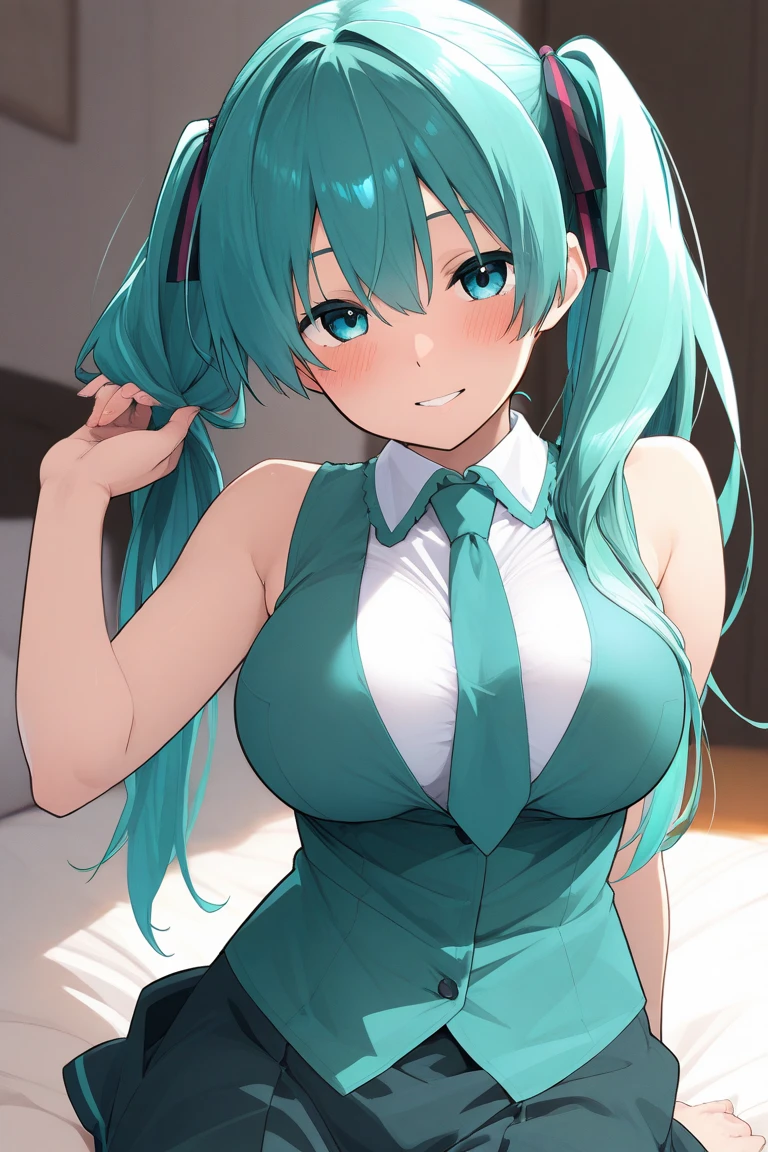 ((Hatsune Miku)), ((huge breasts 1.8)), ((((Emphasize the cleavage 1.3)))), ((((((high school girl uniform 1.9)))))), ((lift up the skirt)),((Lying on bed 1.5)),(no bra),(From Above),(((((Show Panties))))),panting with excitement,((((cum on breast and clothes 1.9))))
