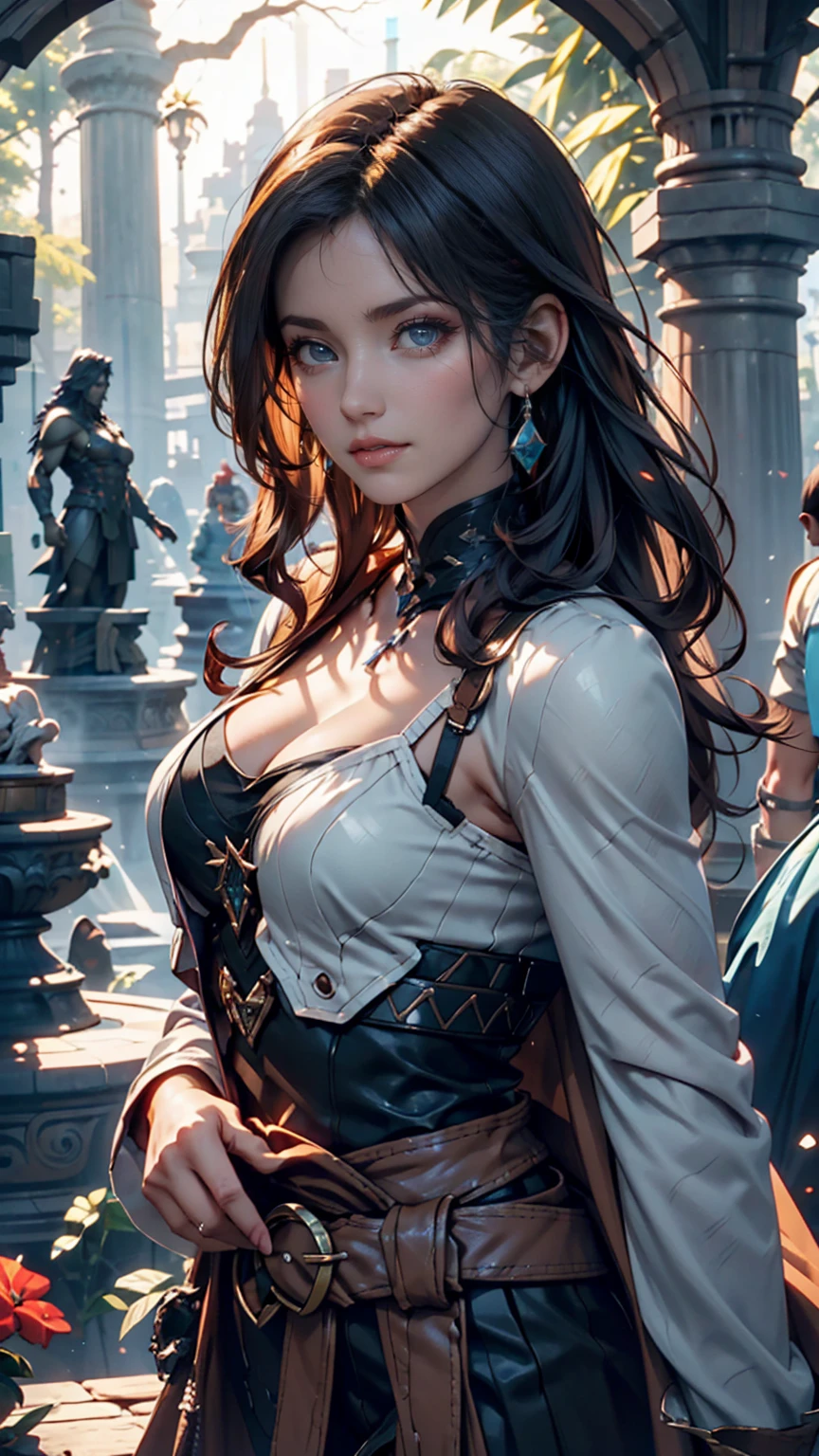 Group of women with colored hair and detailed armor in medieval paladin dress, Are standing, Medieval town with castle in the background、24-year-old woman、Attractive Young Woman, (Beautiful Face:1.1), Detailed eyes, Seductive lips, (eye make up:1.2), (Medium chest:1.0), (Toned body:1.2), Sexy proportions、Narrow waist