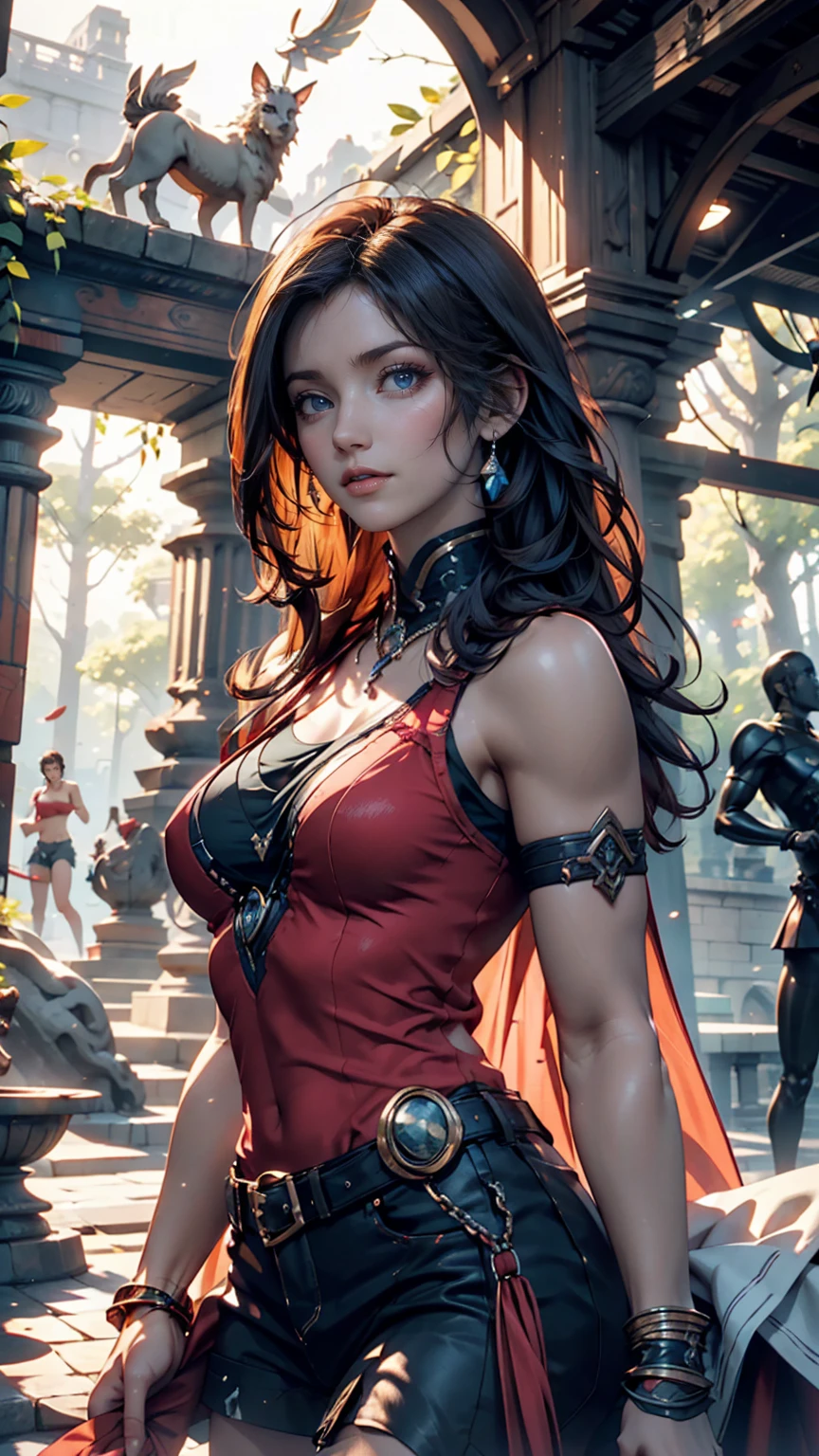Masterpiece, high quality, 4K, beautiful design, shiny, award winning photo, extremely detailed, amazing, fine detail, absurdres, highly detailed woman, black hair, bare chest, bare breast, tanned skin, extremely detailed eyes and face, by lee jeffries nikon d850 film stock photograph 4 kodak portra 400 camera f1.6 lens rich colors hyper realistic lifelike texture dramatic lighting unrealengine trending on artstation cinestill 800 tungsten, 1girl, solo, expressive look,smiling, (puffy lips:1.155) HDR, highest quality, sharp focus, looking at viewer, facing viewer, 4k, blue eyes, woman wearing DNC_Glam, oriental dancer, red clothing, VIIIth century Baghdad background, stygia, priestess,