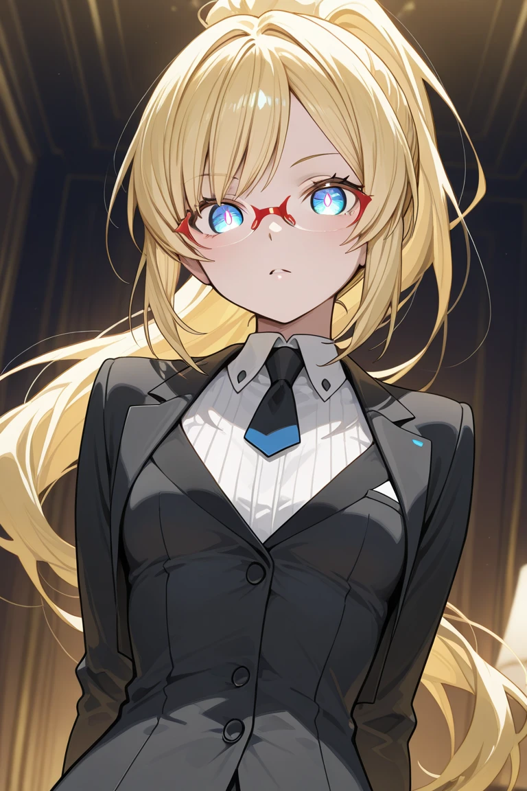 In a dimly lit, chaotic setting with scarce illumination, urban wreckage and broken lamps form a somber environment. The blonde girl, visibly desperate, sad, and frightened, stands at the center of this turmoil. Her expression of anguish and profound sadness in her blue eyes are emphasized by the flickering, dim light barely illuminating the scene. The golden braids capture minimal available light, standing out vulnerably in the darkness. The desolate landscape is comprised of debris and rubble, creating an oppressive atmosphere that mirrors the character's distress. Indistinct noises, distant sirens, and the hum of corrupted technology contribute to the discomfort of the surroundings. In this context, the blonde girl with cascading braids becomes a central element, framed by golden strands that create a youthful appearance. The captivating blue eyes, accentuated by round glasses, stand out amid the hostile backdrop. The image construction aims to convey the intensity of the character's desperation and sadness, utilizing shadows, flickering lights, and chaotic elements to create a visually impactful representation of this poignant moment.
