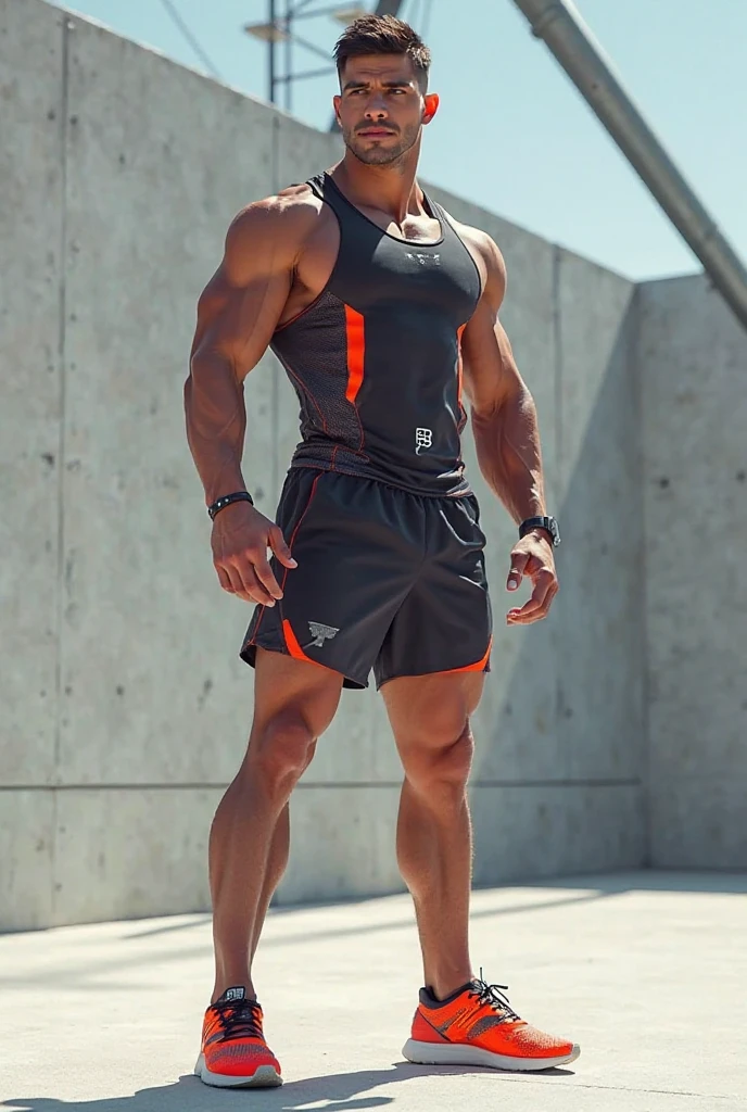 Full body view, realistic photo, A strong and handsome 23-year-old Shawn Mendes man, with a sculpted Bodybuilder physique, confidently dressed in a baseball cap and a stylish compression shorts, highlighting his striking cleft chin and muscular arms, barefoot. Dramatic lighting, mega Gigachad.