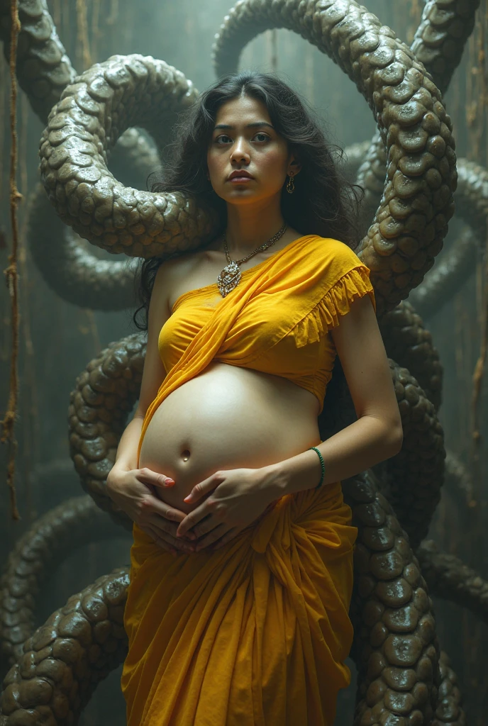 Pregnant topless Happy Horny, aroused 1girl), beautiful kneeling indian young teen belly dancer with giant colossal black titanboa squeezing her hard, wrapped in thick spiraling coils, constricted, struggle, gasping for air, snake attack, snake peril, moonless night, dim light