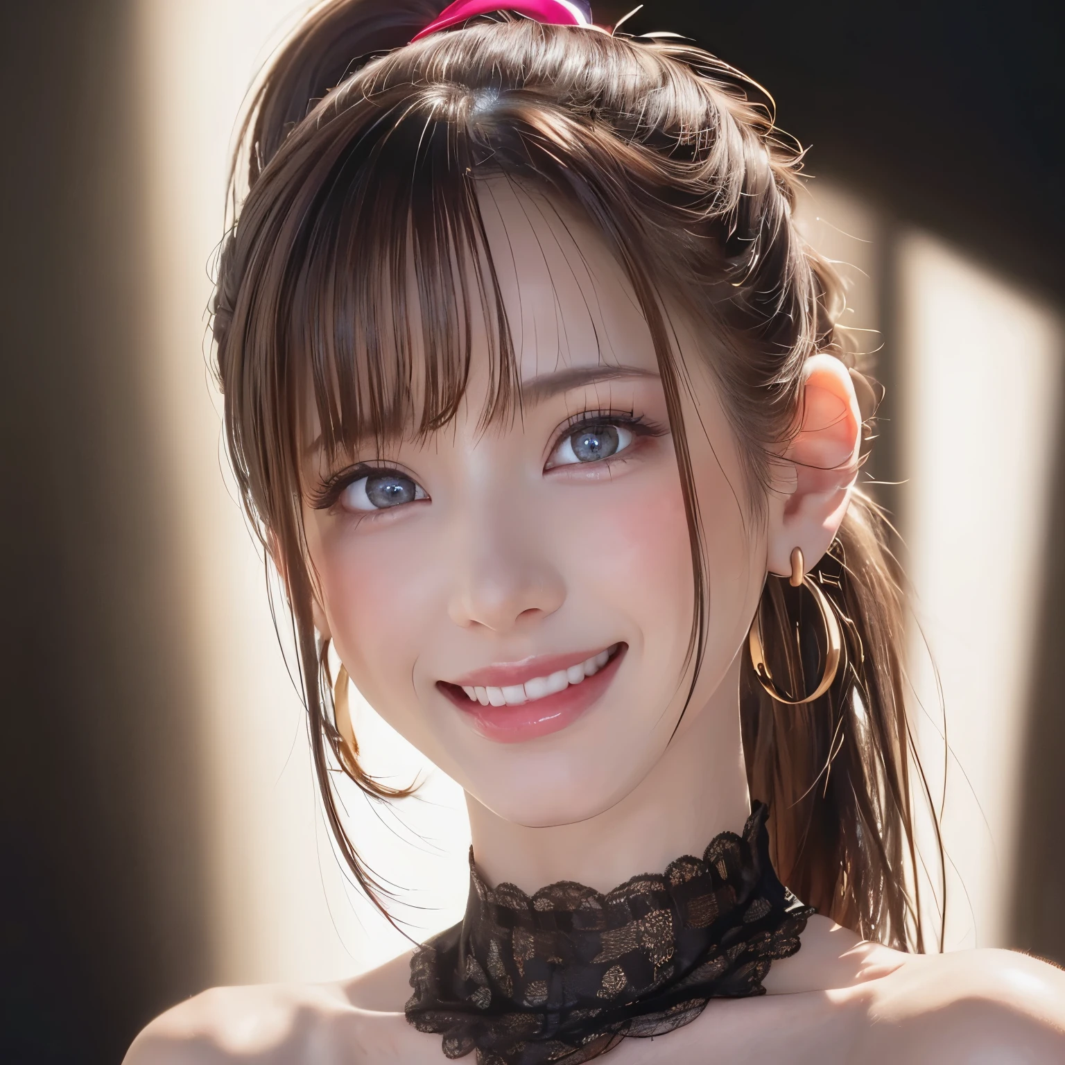 最high quality、masterpiece、high quality、Anatomically correct、Textured skin、Very detailed、High resolution、Attention to detail、Hmph、8k、Realistic、Raw photo、Photorealistic、Large file size、Glowing Skin、(Nogizaka girl)、Realistic body、White skin、、Slender、Perfect figure、Brown haired、Wavy long hair、Bans、A vivid face、美しくAttention to detail目、Beautiful big eyes、(smile:1.5)、Laughter、Sculptural installation、Sexy pose、dress、Waters、(オフショルダーニットdress)、Accent lighting、Luxury、Cinema Lighting
