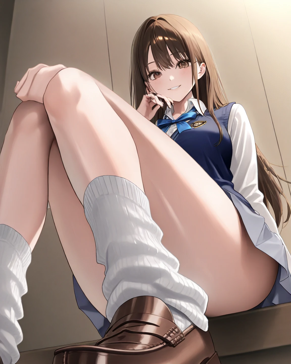masterpiece, highest quality, Absurd, Perfect Anatomy, Beautiful background, Beautiful Face, Beautiful Eyes, Beautiful body, 1people々 girl,(Noodles)、from the front、Portraiture、 Twin tails、ribbon、Brown Hair,blush、smile、Office Lady、business suit、Sitting on the steps of the station、(Spread your legs)、hands on knees、Grey pencil skirt、light blue lace panties、pumps
