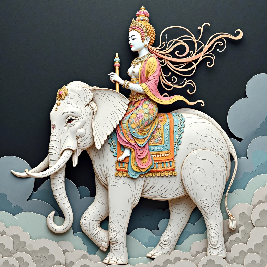 Three-sided eight-armed female bodhisattva,sitting on a rook,Eight hands hold various magic weapons,There are seven piglets pulling the cart side by side in front of the car,Bodhisattvas have round light,Light,Blue sky in the background,Moon on the left,Sun on the right,Brighter,Positive light,The light is uniform and bright,The characters are bright and natural,Photographic techniques,