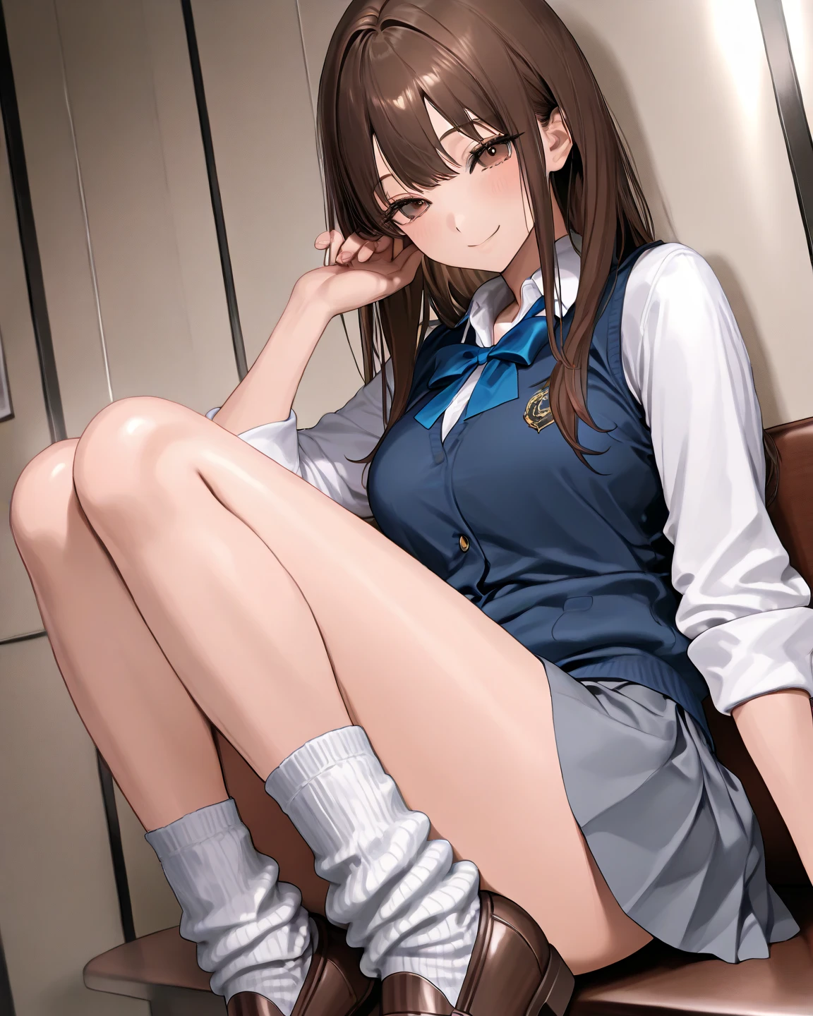 ,navy blue blazer, blue and white striped panties, squat, from below,While wearing a skirt、