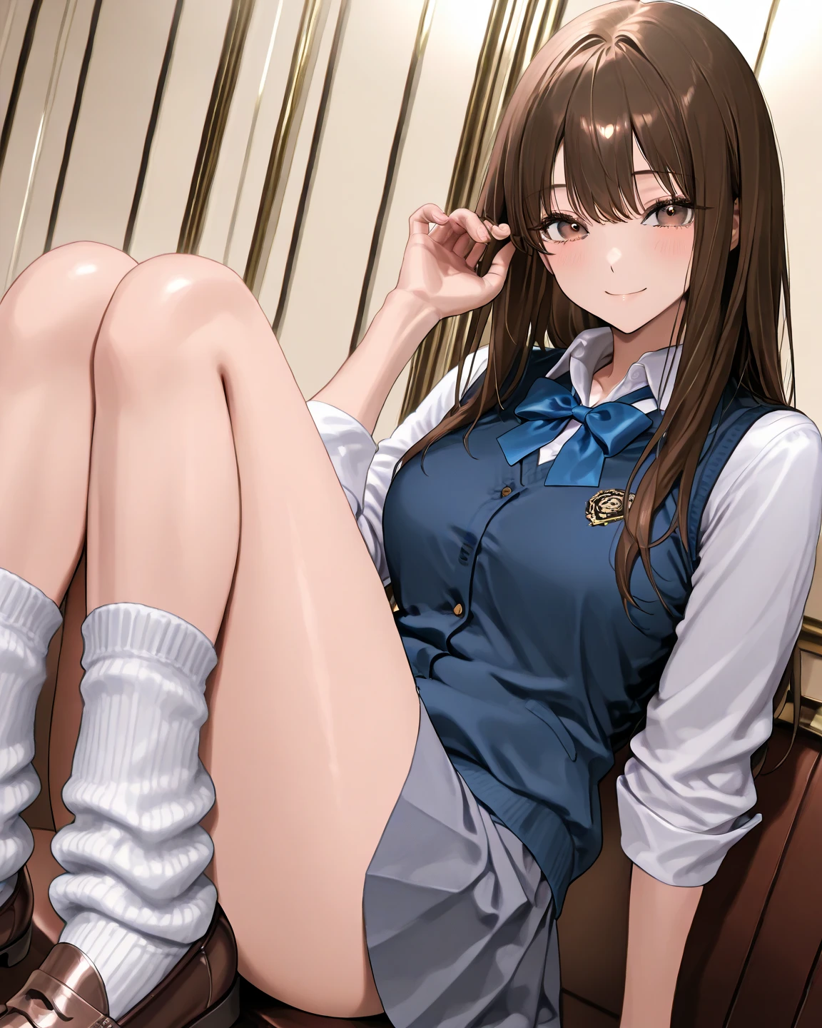 master part, melhor qualidade, high resolution, Purple eyes, Corte de bob marrom claro, high-school uniform, mini saia, saia plissada, Crotch Open Agachamento, Elevador de vestido: 2,Show tiny pink panties, Olhe para baixo, Close-up, Angle directly below