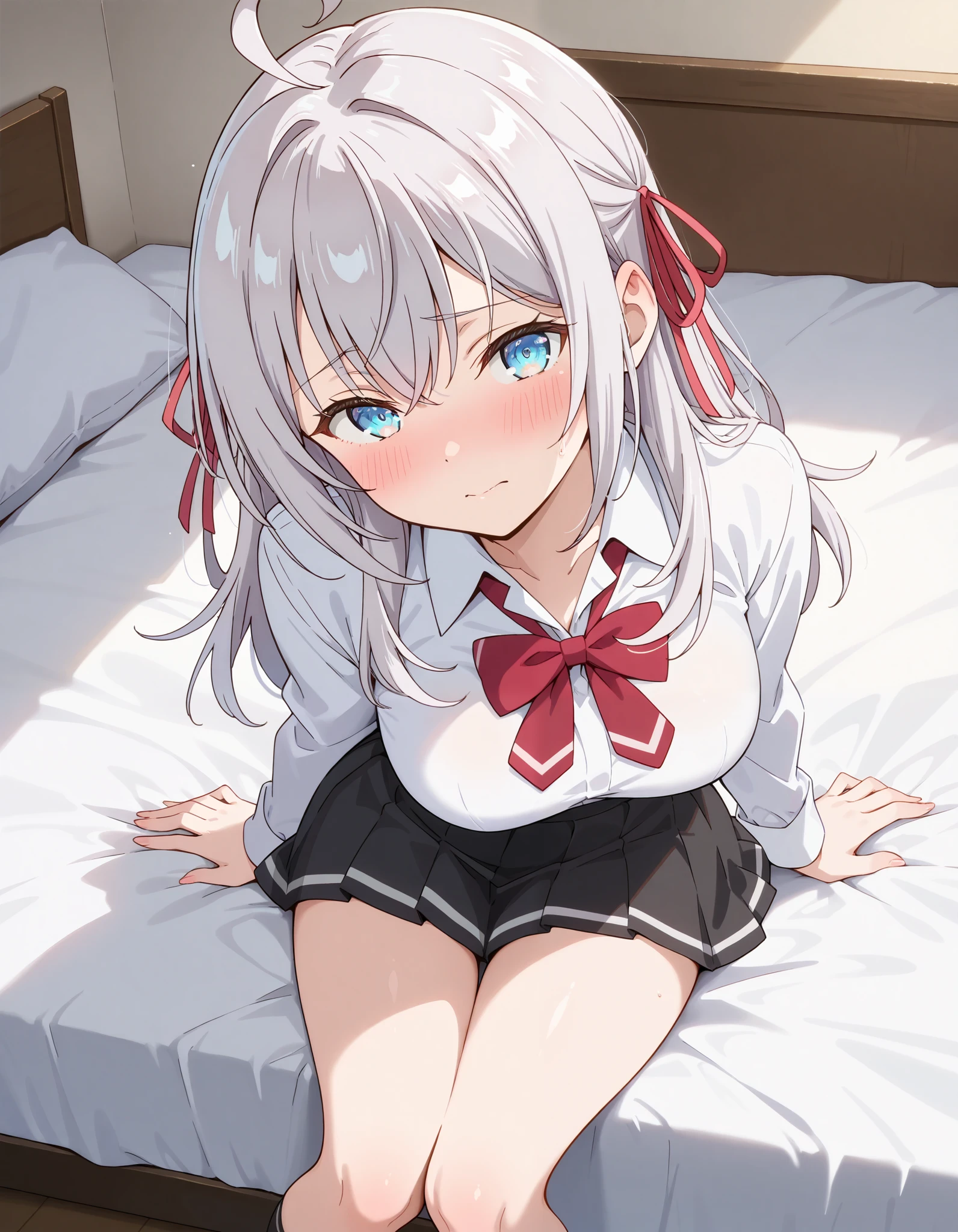 masterpiece, best quality, highly detailed, ultra high res, 1girl, alisa mikhailovna kujou, long hair, bangs, blue eyes, opened eyes, hair ribbon, ahoge, grey hair,touching red ribbon, medium breasts, skirt, bow,{white shirt}, pleated skirt, collared shirt, bowtie, black skirt, red bow,long sleeves, blush ,embarrassed,sitting on the bed,looking at viewer,nsfw ,side view