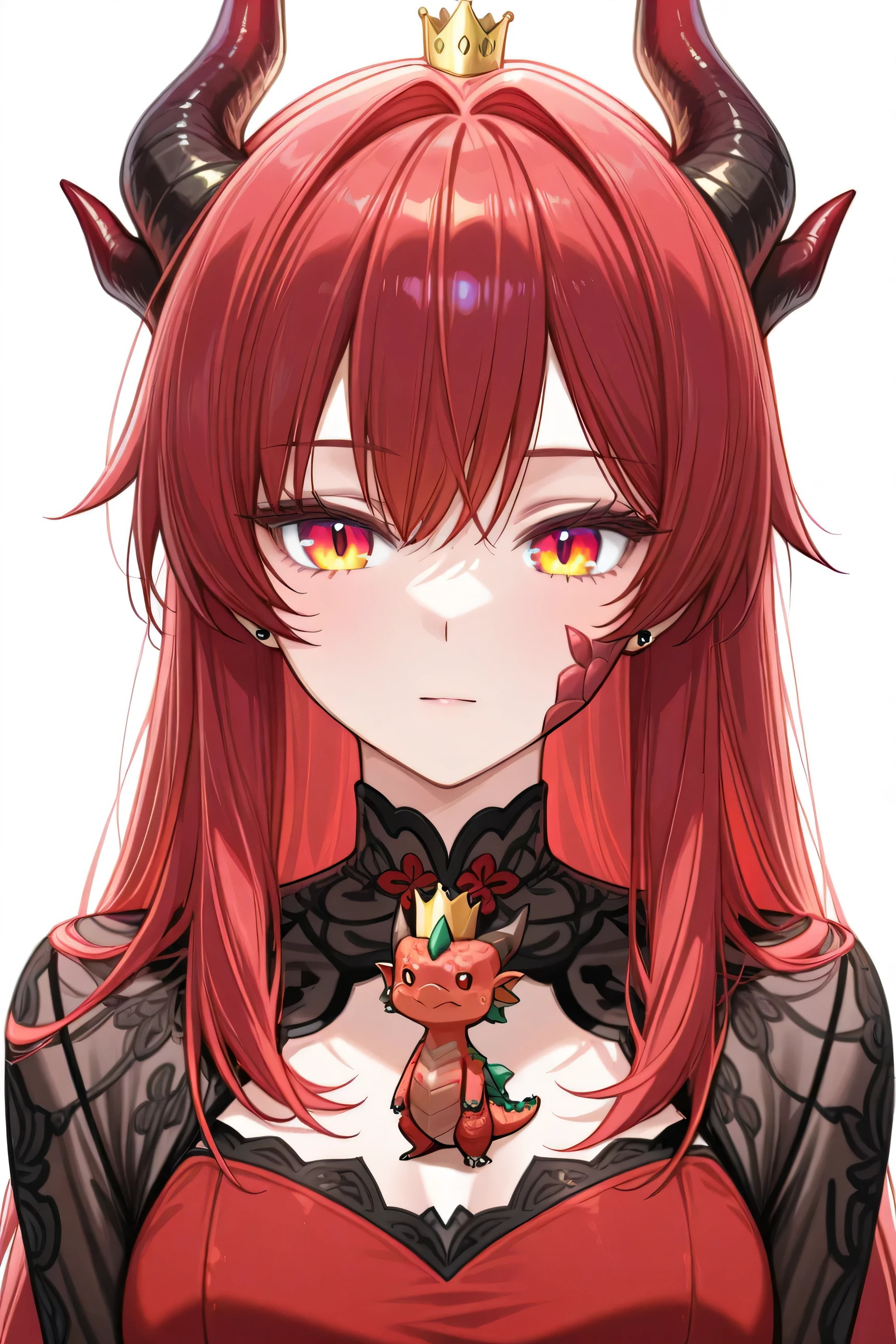 4k, highquality, vtuber, white background, upper body, beautiful eyes, high detail, look straight, straight standing,  red hair, on dragon mini character, black dress, look at straight, wear earing, no pose, straight standing, fit everything within the frame, red dress motif dragon, Dragon's horn, Dragon scales on face, head on crown, full body, Horn coming inside