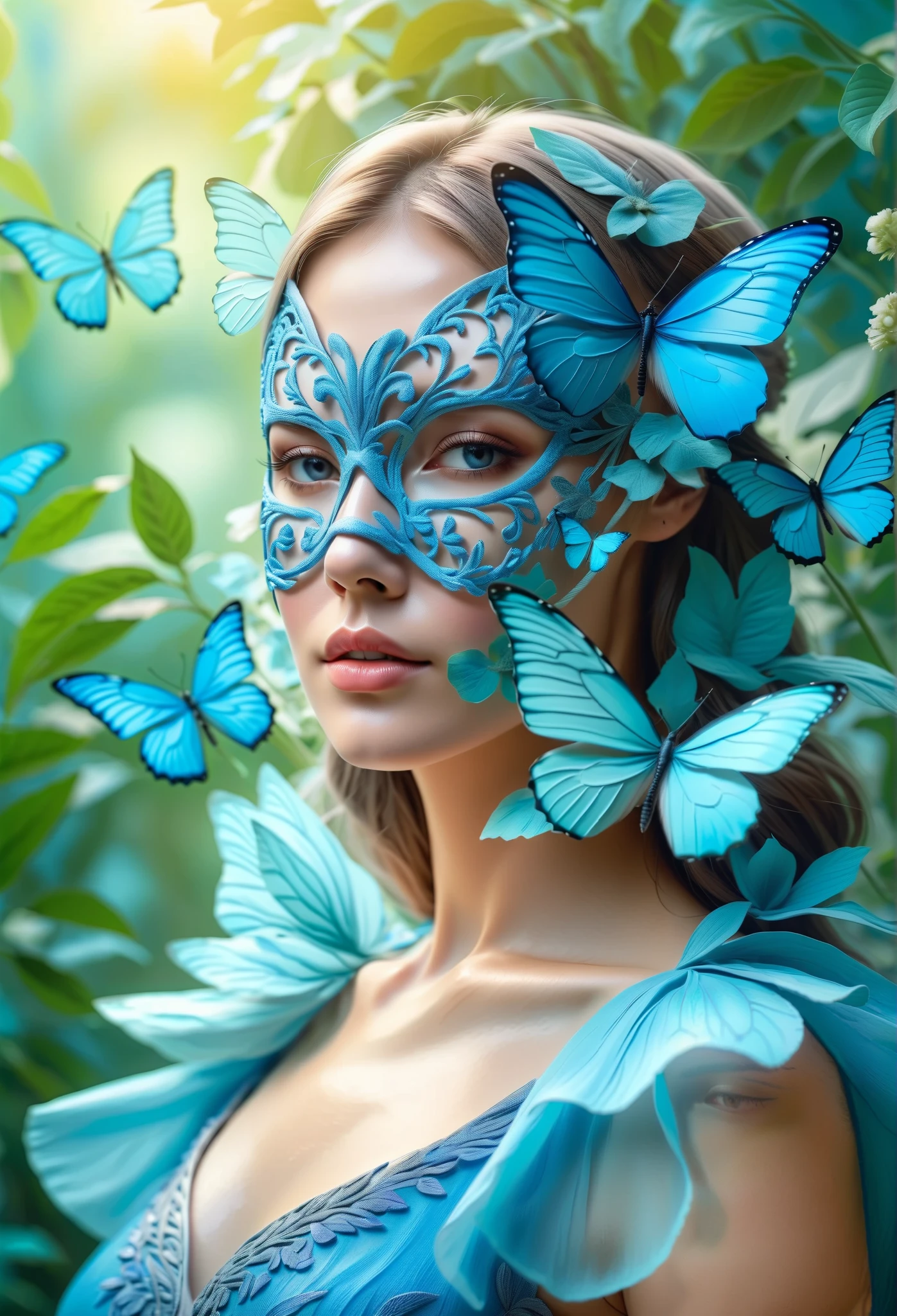 Woman in blue butterfly mask,close-up portrait,pastel colors, background, inspired by nature ,The bright garden , soft sunlight,beautiful dress, thin texture ,ethereal atmosphere,fantasy,(best quality,4K,8 k,Masterpiece:1.2),ultra detail ,(realistic,照片realistic,photo real:1.37)