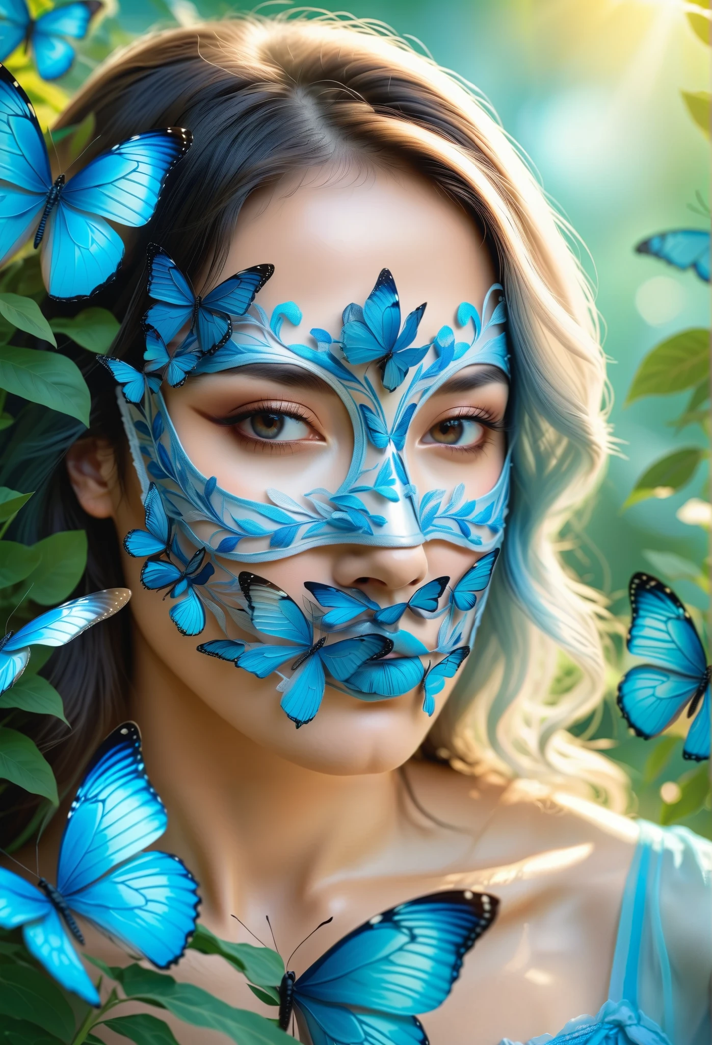 Woman in blue butterfly mask,close-up portrait,pastel colors, background, inspired by nature ,The bright garden , soft sunlight,beautiful dress, thin texture ,ethereal atmosphere,fantasy,(best quality,4K,8 k,Masterpiece:1.2),ultra detail ,(realistic,照片realistic,photo real:1.37)