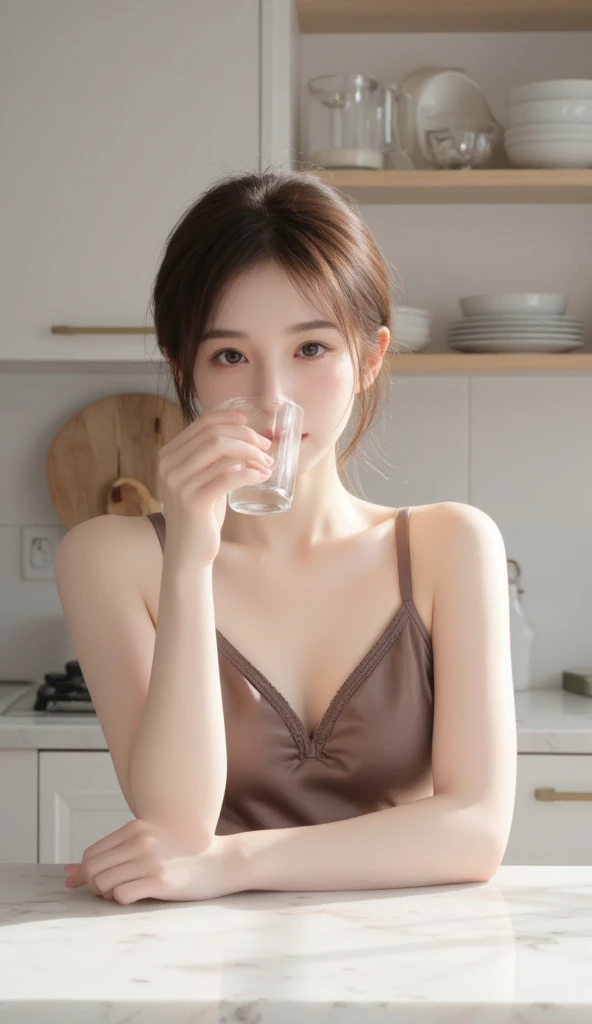 (best quality, 8K, masterpiece, realistic photo:1.3), (sharp focus:1.2), (Pretty Japanese girl with perfect body:1.2), (big bust:1.3), (wearing nude_kitchen_apron:1.3), long hair, laugh, Highly detailed face and skin texture, detailed eyes, double eyelid, (naked), (restaurant, crowd:1.3), (holding a drink:1.2)